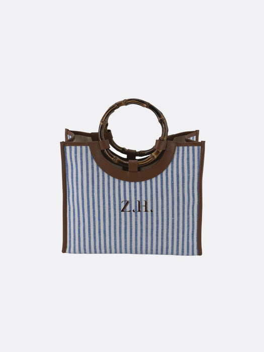 Made in Italy Custom Bamboo Linen Striped Bag Medium - Blue - 01