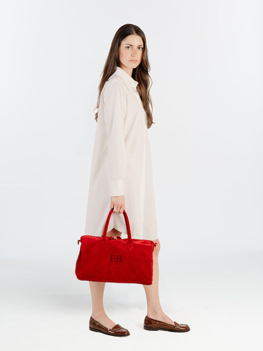 Italian Large Suede Leather Handbag - Red - 03