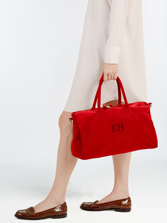 Italian Large Suede Leather Handbag - Red - 02