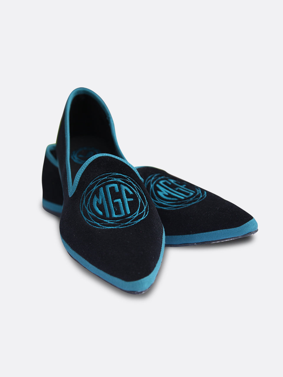 Italian Custom Black and Blue Velvet Monogram Flats - 03