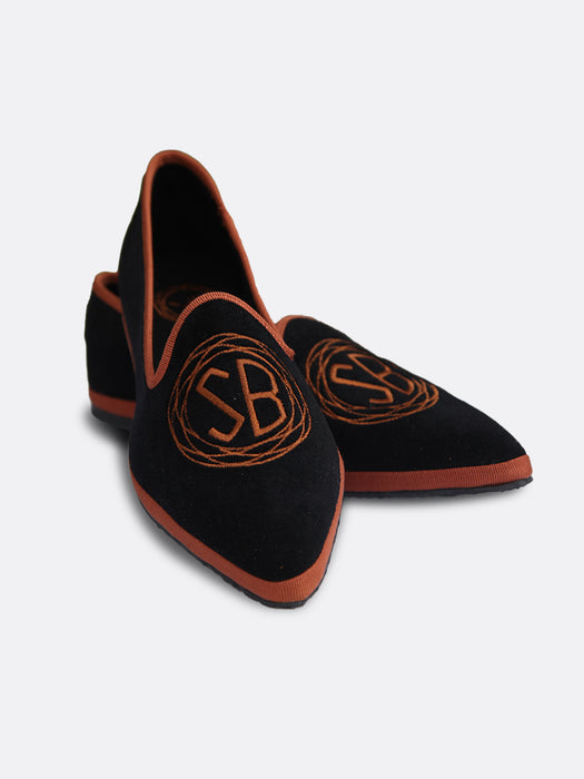 Italian Custom Black and Orange Velvet Monogram Flats - 03