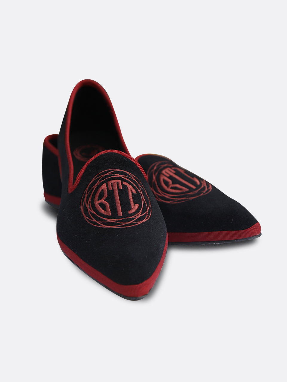 Italian Custom Black and Red Velvet Monogram Flats - 03