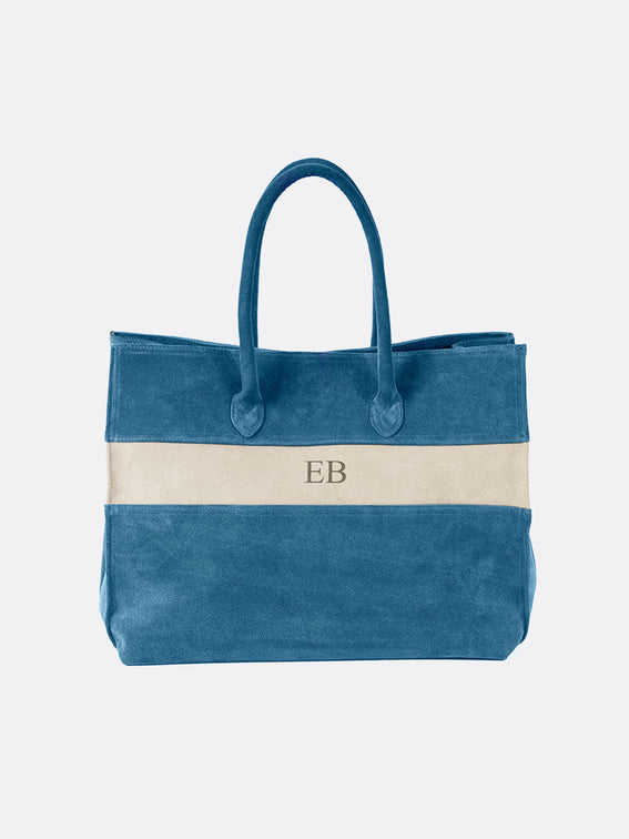 Italian Suede Leather Large Handbag - Blue - 12