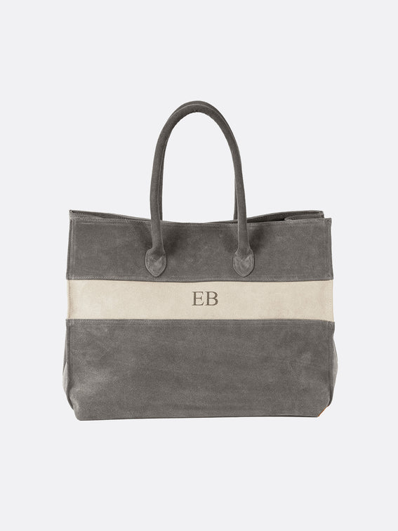 Italian Suede Leather Large Handbag - Grey - 06