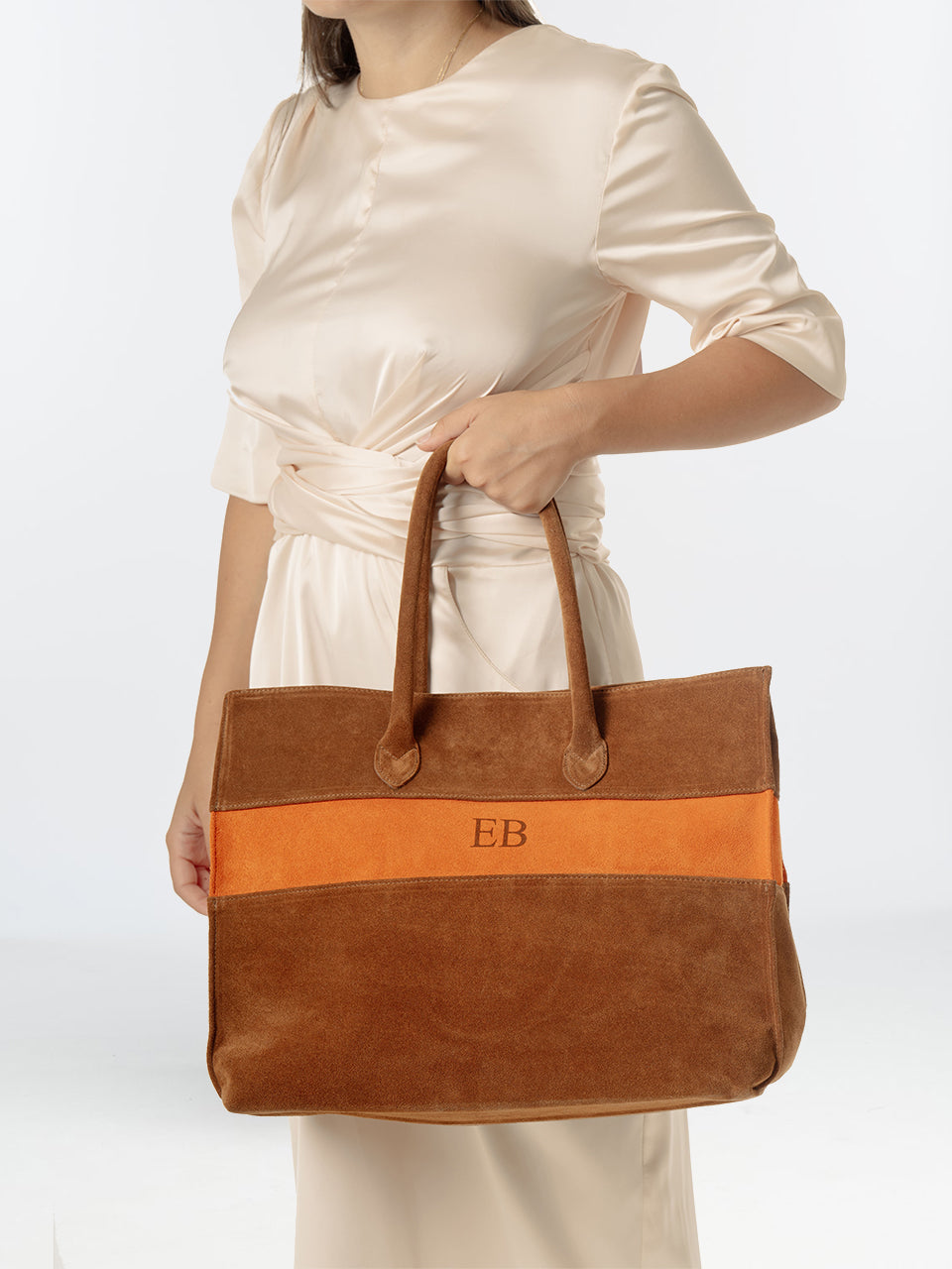 Italian Suede Leather Large Handbag - Brown - 02