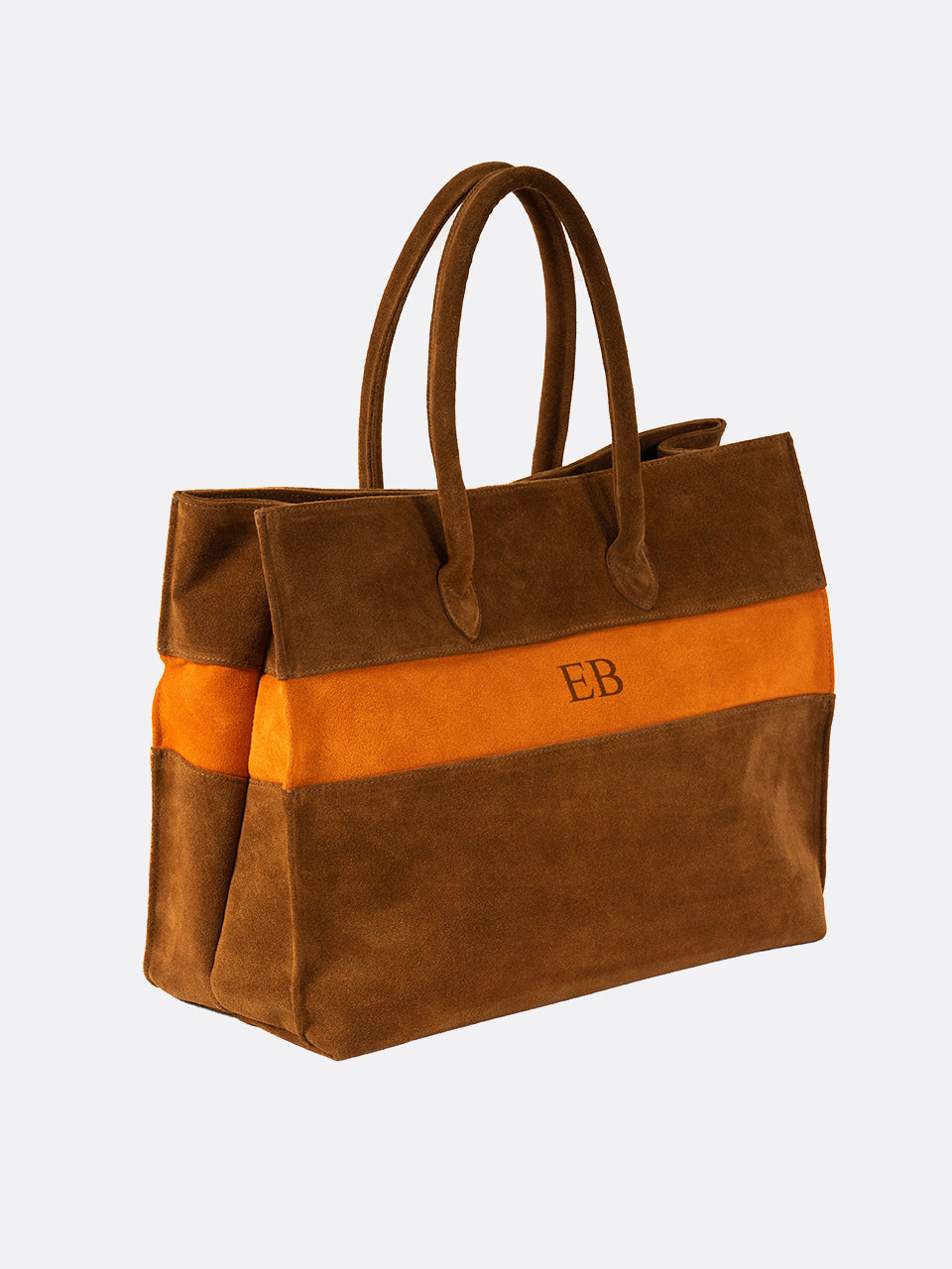 Italian Suede Leather Large Handbag - Brown - 03