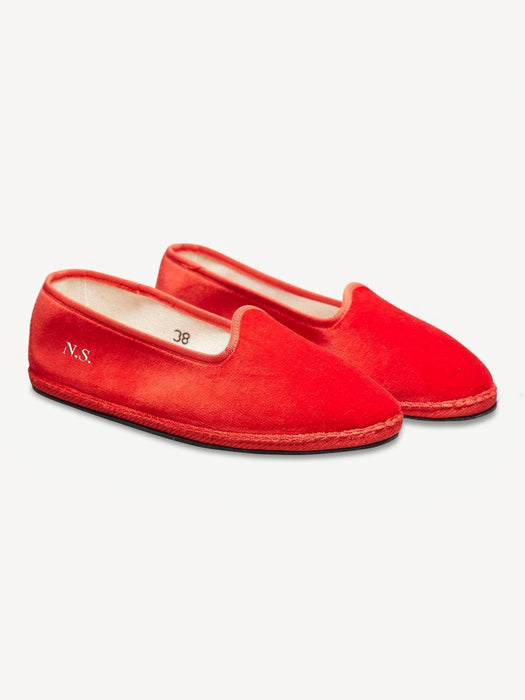 Italian Red Velvet Flat Shoes - Handmade in Italy - 01