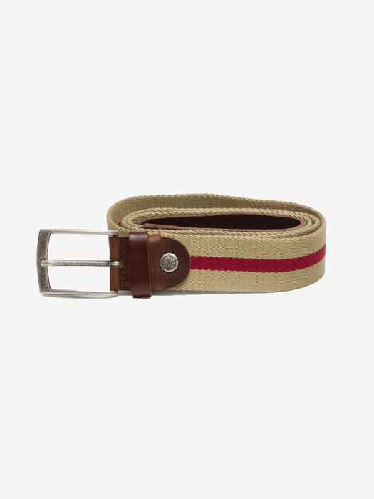 Italian Leather and Fabric Belt - Beige & Red - 01